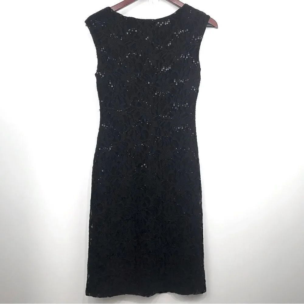Lauren Ralph Lauren Black Sleeveless Lace and Sparkle Ruched Pencil Dress